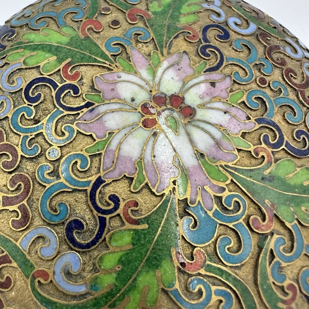 VINTAGE CLOISONNE ENAMELED TRINKET BOX CIRCULAR SHAPE FLOWER DESIGN